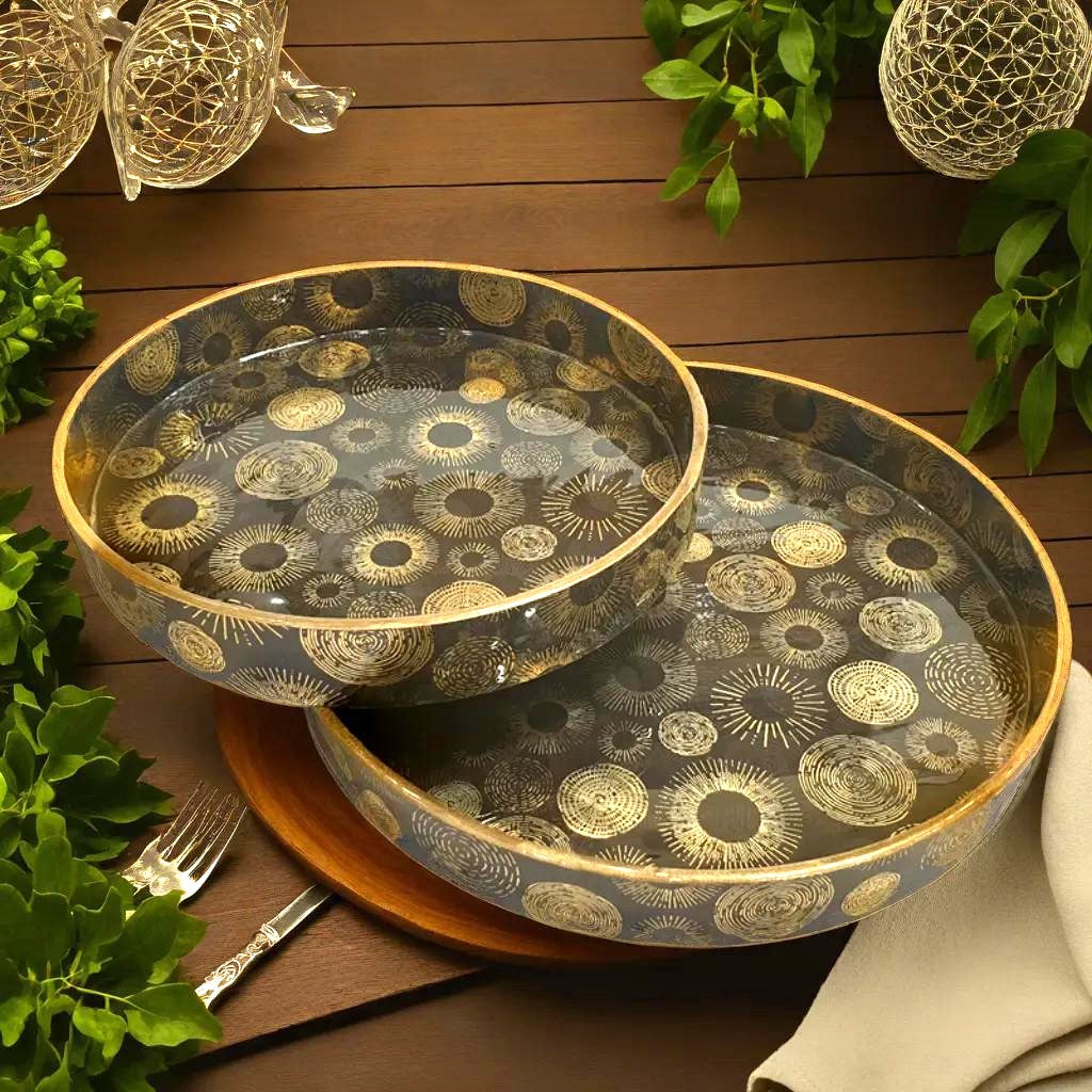 Elegant Duo: Set of 2 Premium Wooden Round Printed Trays